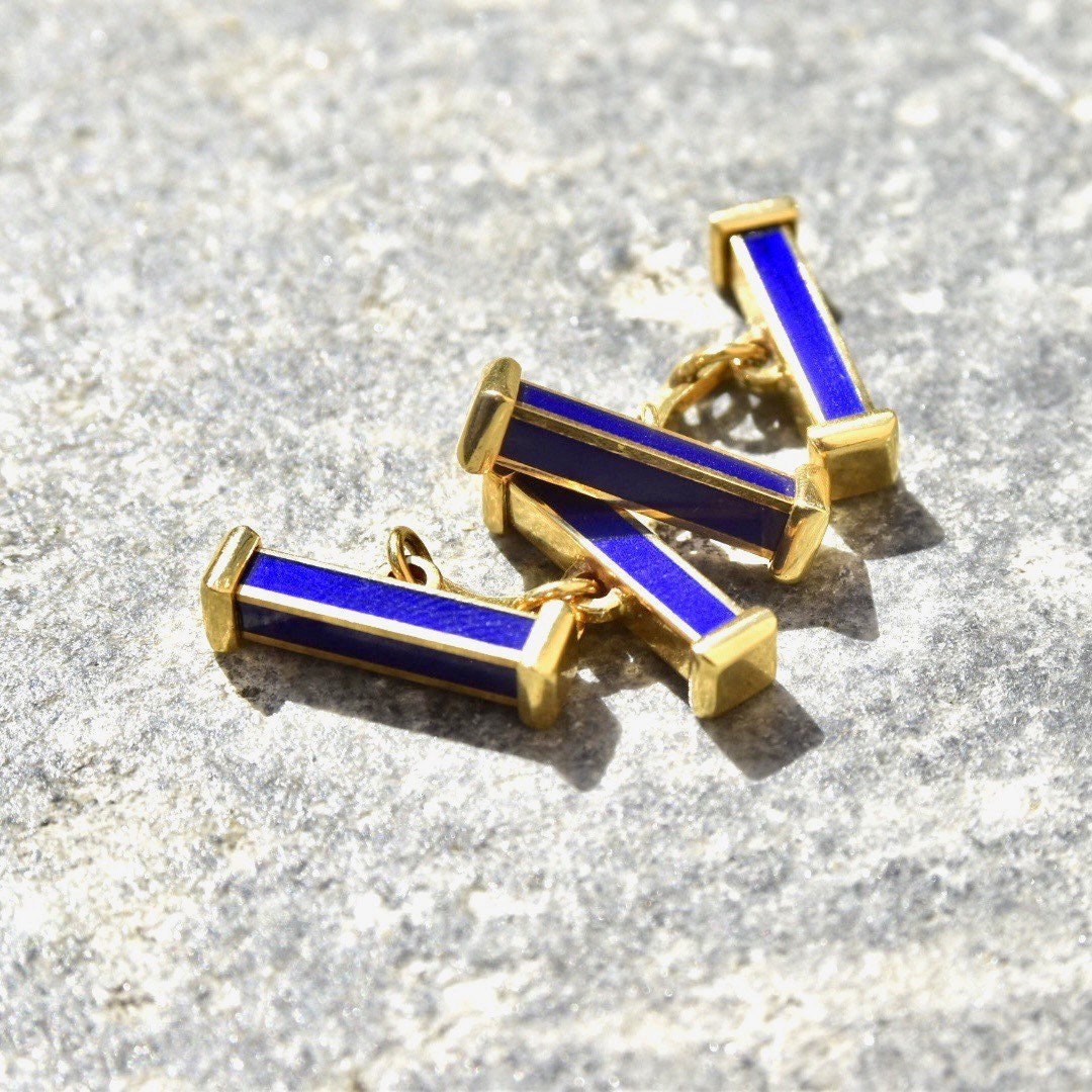 Vintage 18K Gold Blue Enamel Bar Cufflinks, Cartier Style, Royal Blue & Yellow Gold Cufflinks, Gold Link Post, Two-Sided Cufflinks