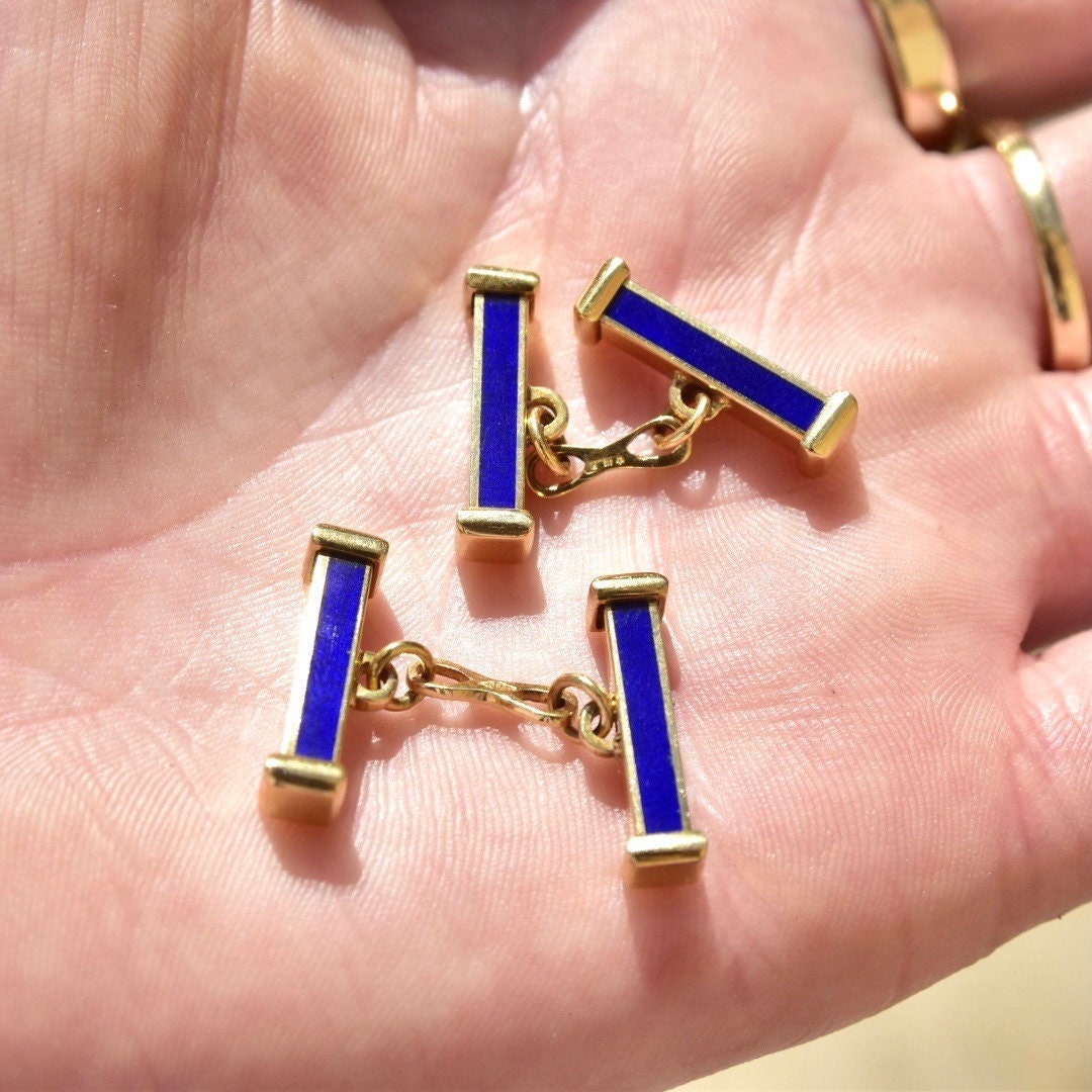 Vintage 18K Gold Blue Enamel Bar Cufflinks, Cartier Style, Royal Blue & Yellow Gold Cufflinks, Gold Link Post, Two-Sided Cufflinks