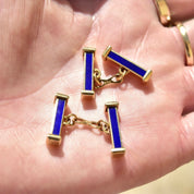 Vintage 18K Gold Blue Enamel Bar Cufflinks, Cartier Style, Royal Blue & Yellow Gold Cufflinks, Gold Link Post, Two-Sided Cufflinks