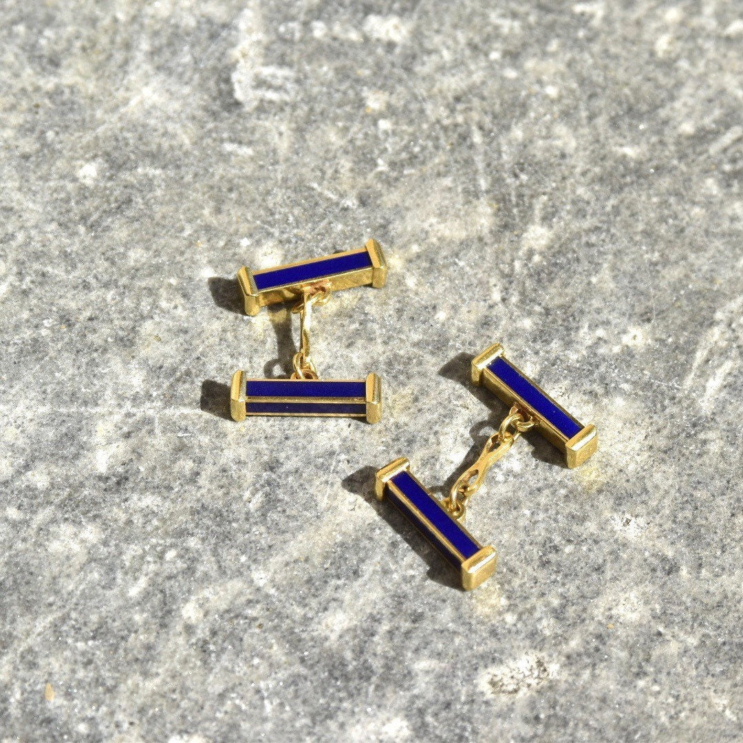 Vintage 18K Gold Blue Enamel Bar Cufflinks, Cartier Style, Royal Blue & Yellow Gold Cufflinks, Gold Link Post, Two-Sided Cufflinks