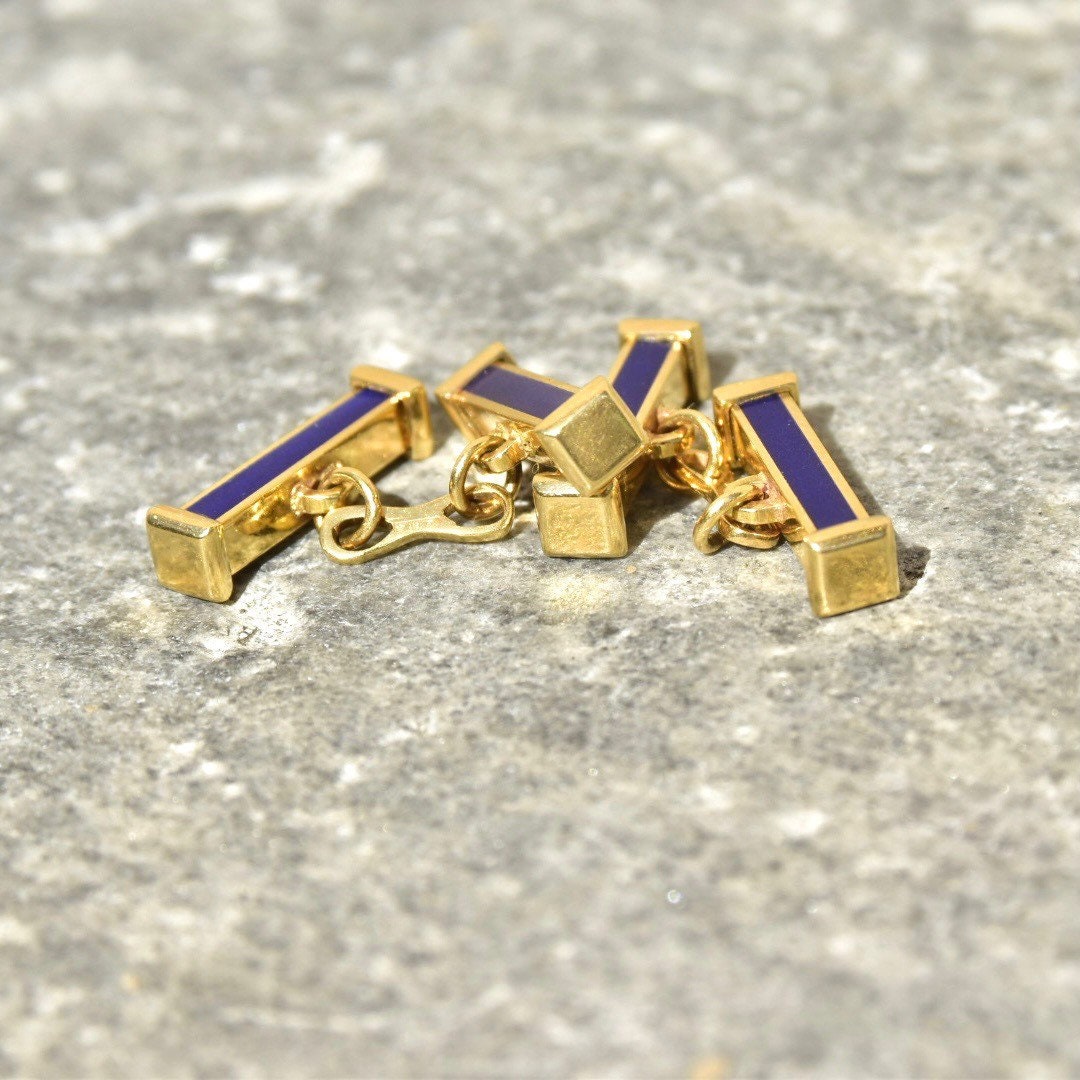 Vintage 18K Gold Blue Enamel Bar Cufflinks, Cartier Style, Royal Blue & Yellow Gold Cufflinks, Gold Link Post, Two-Sided Cufflinks