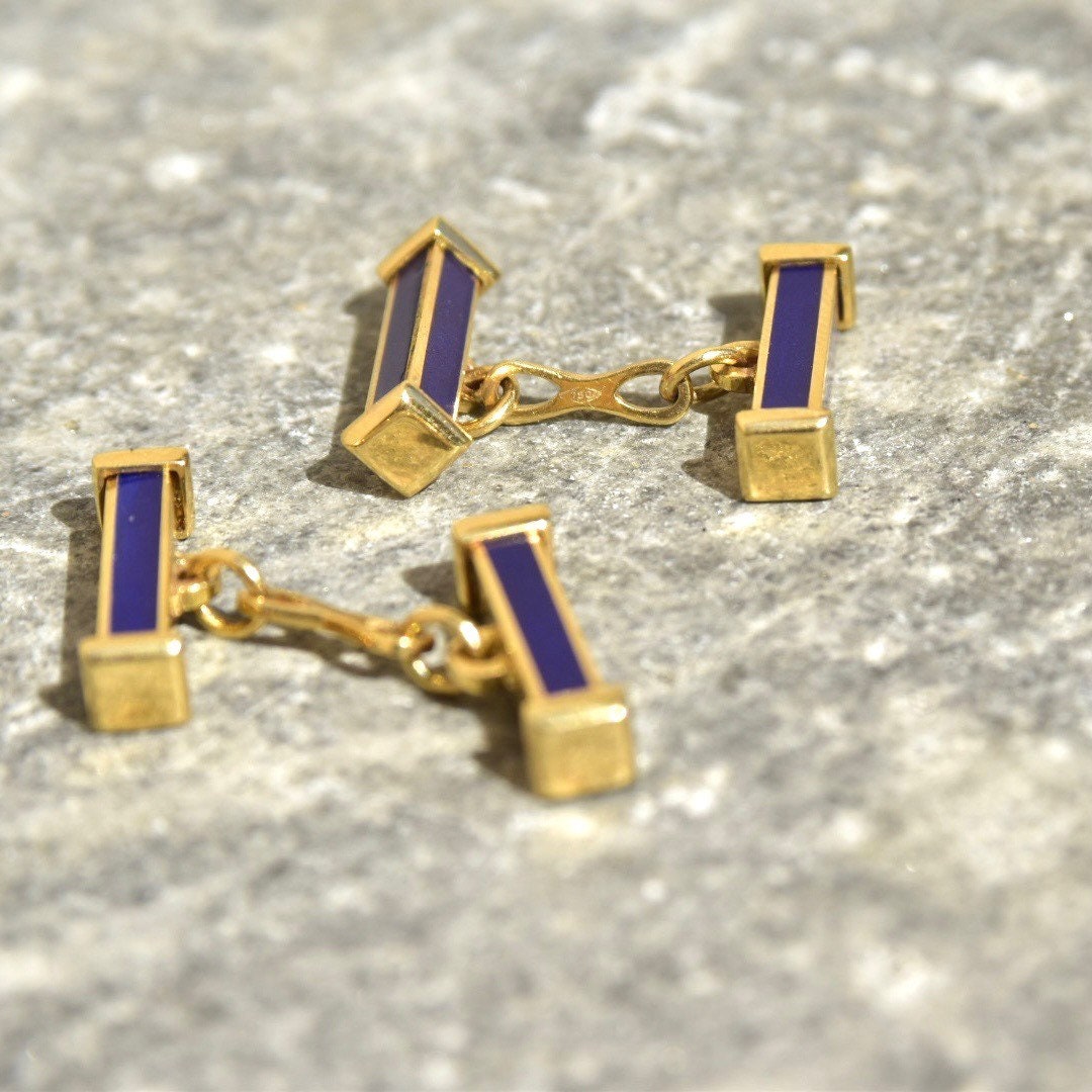 Vintage 18K Gold Blue Enamel Bar Cufflinks, Cartier Style, Royal Blue & Yellow Gold Cufflinks, Gold Link Post, Two-Sided Cufflinks
