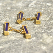 Vintage 18K Gold Blue Enamel Bar Cufflinks, Cartier Style, Royal Blue & Yellow Gold Cufflinks, Gold Link Post, Two-Sided Cufflinks
