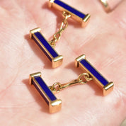 Vintage 18K Gold Blue Enamel Bar Cufflinks, Cartier Style, Royal Blue & Yellow Gold Cufflinks, Gold Link Post, Two-Sided Cufflinks