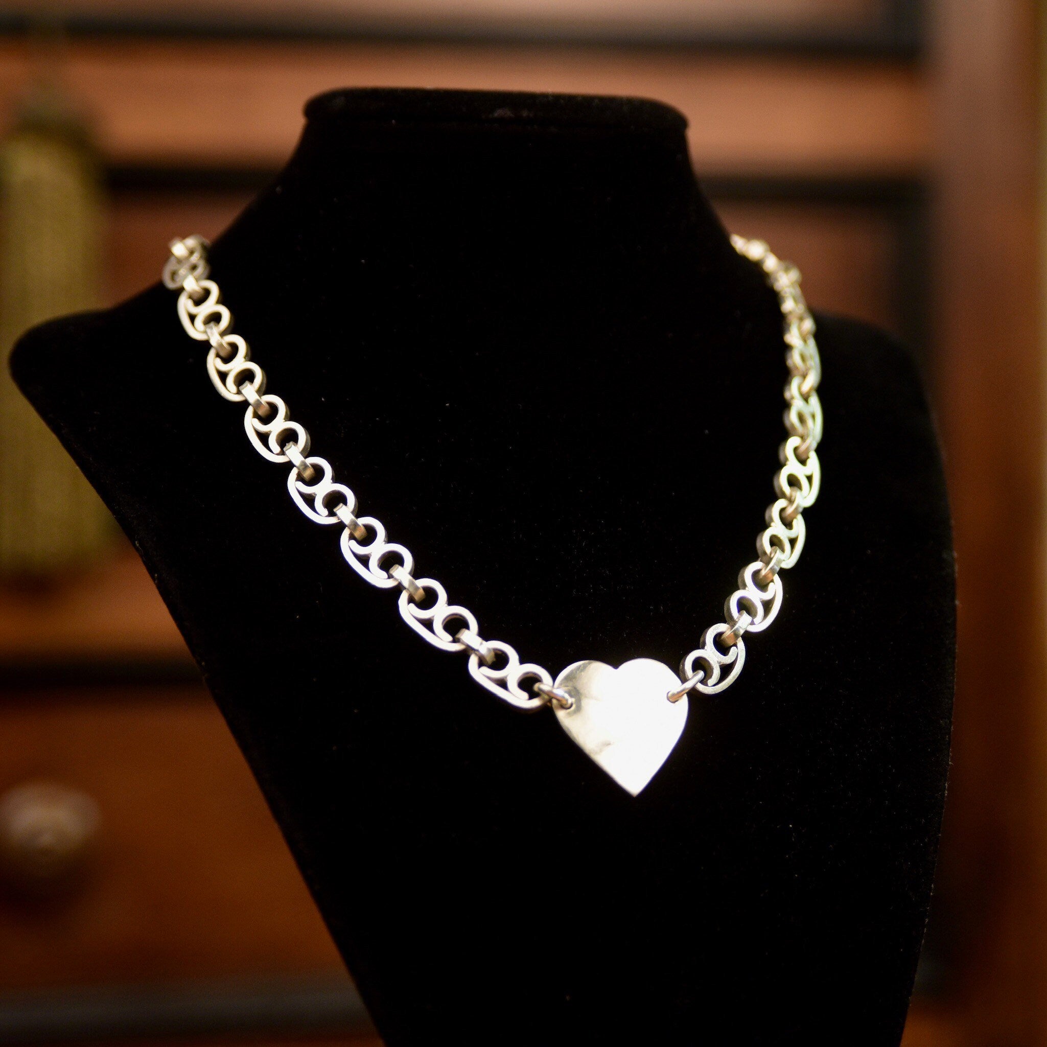 Sterling Silver Heart Tag Collar Necklace, Solid Scroll Links & Toggle Clasp, Tiffany Style, Taxco Jewelry, 18"