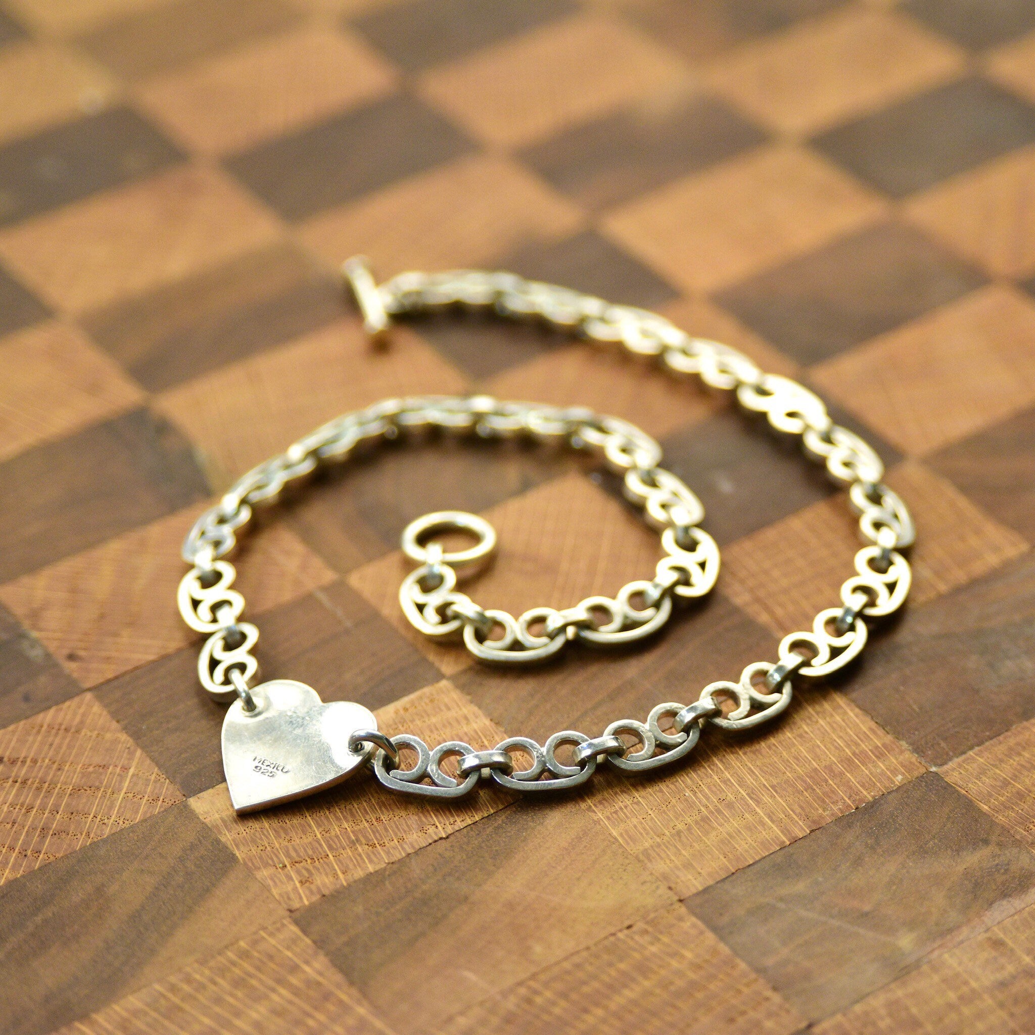 Sterling Silver Heart Tag Collar Necklace, Solid Scroll Links & Toggle Clasp, Tiffany Style, Taxco Jewelry, 18"