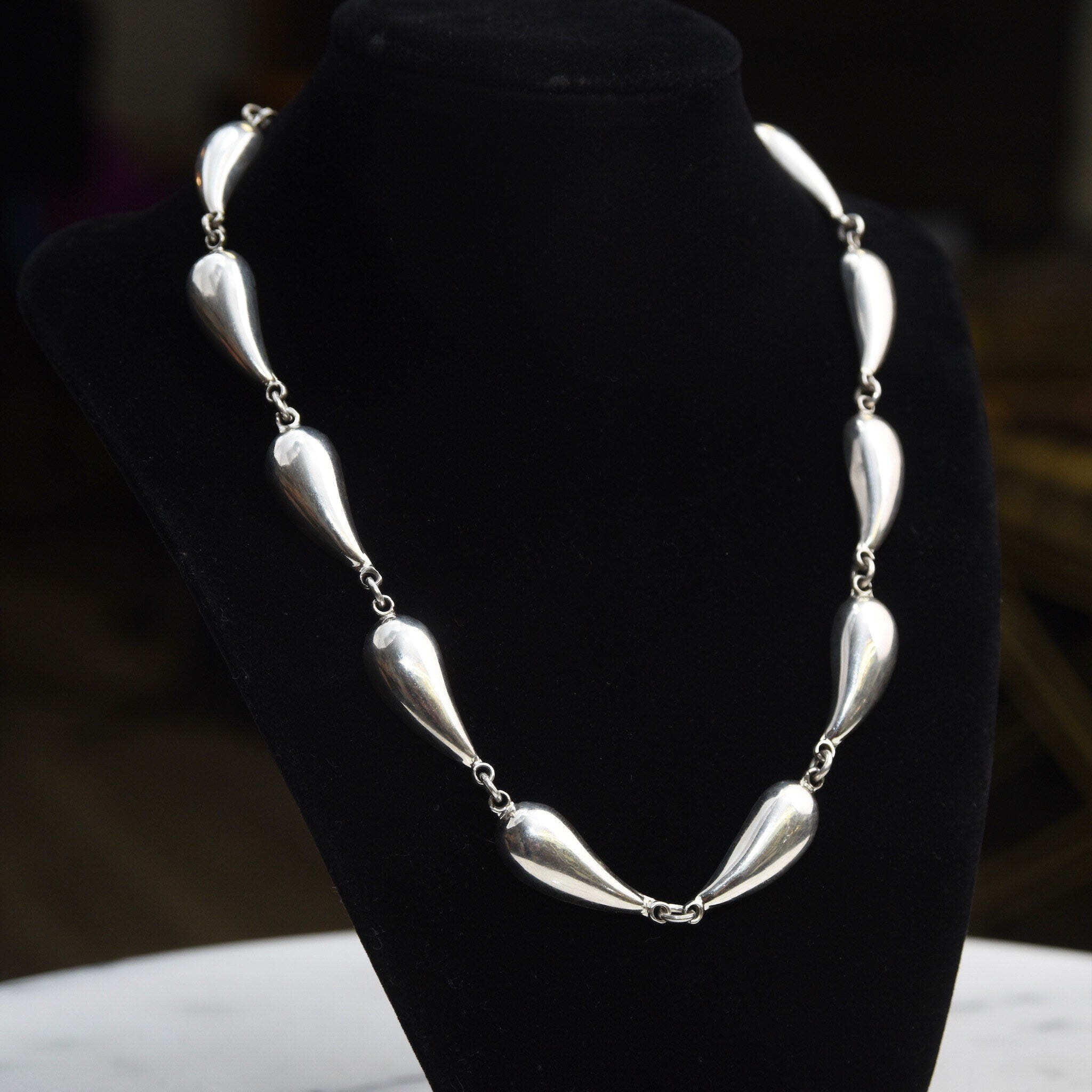 Vintage Mexican Sterling Silver Teardrop Link Necklace, Heavy/Chunky Chain Necklace, Polished Silver Links, TAXCO 925, 18" L