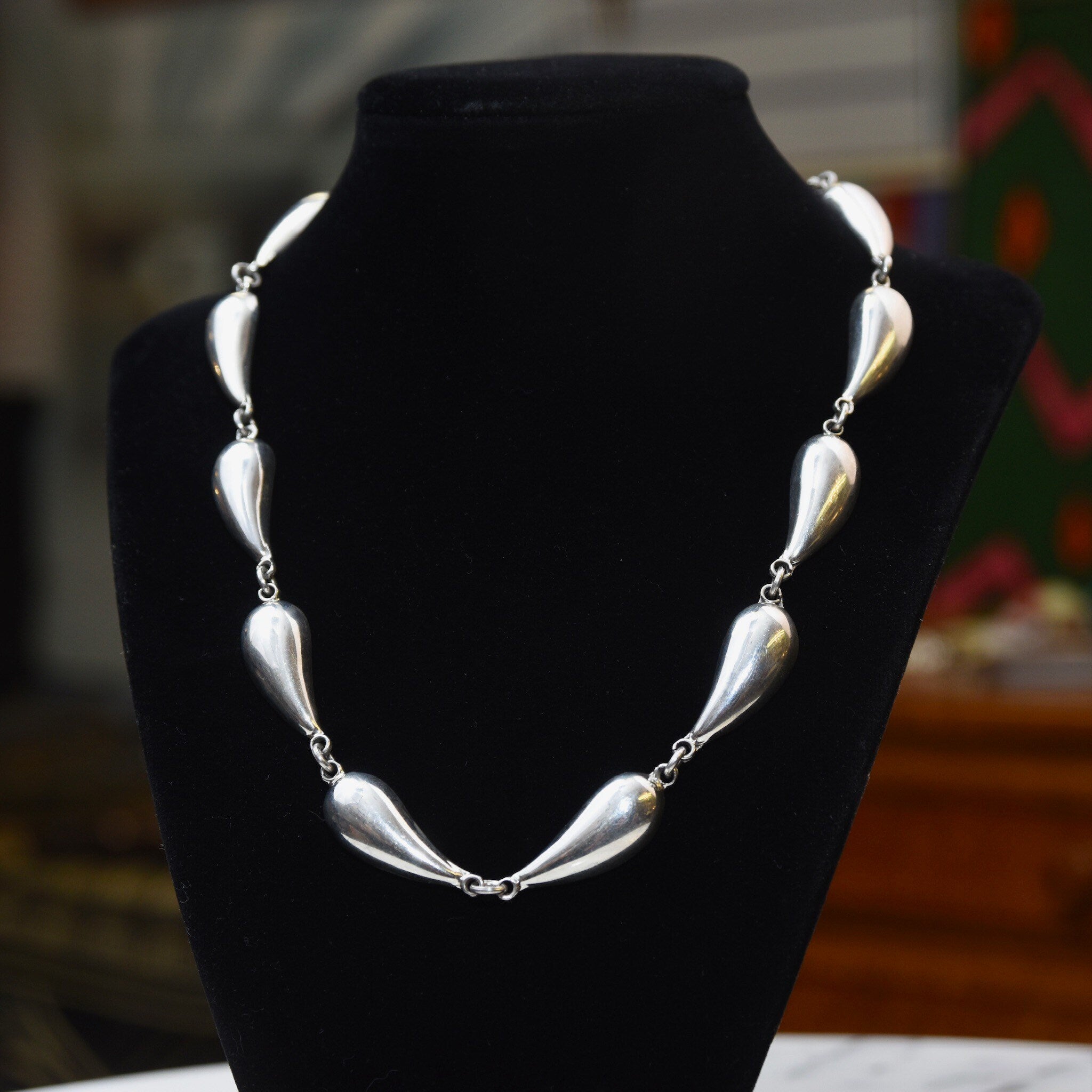 Vintage Mexican Sterling Silver Teardrop Link Necklace, Heavy/Chunky Chain Necklace, Polished Silver Links, TAXCO 925, 18" L