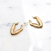 14K Puffed V-Hoops, Line Textured Yellow Gold Chevron Earrings, Hinged Ear Wire, S/M Size, 1 3/8" L