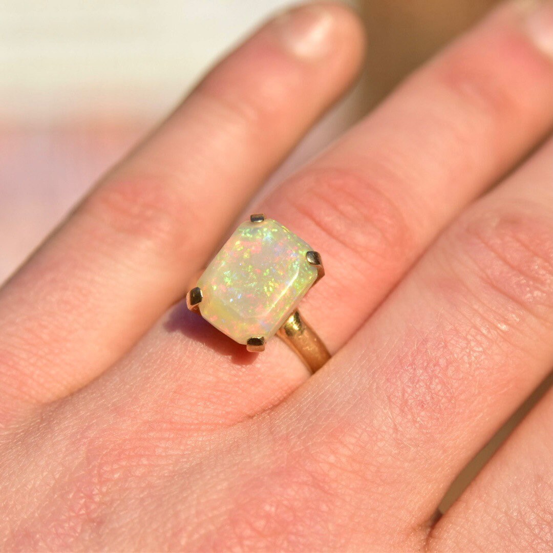 18K White Opal Cocktail Ring, 4 CT Genuine Opal, Polished Yellow Gold Band, October Birthstone, Size 7 1/2 US