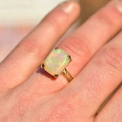 18K White Opal Cocktail Ring, 4 CT Genuine Opal, Polished Yellow Gold Band, October Birthstone, Size 7 1/2 US