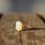 18K White Opal Cocktail Ring, 4 CT Genuine Opal, Polished Yellow Gold Band, October Birthstone, Size 7 1/2 US