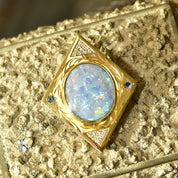Vintage 18K Gold Mosaic Opal Diamond Cluster Blue Gemstone Pendant, 20 Diamond Accents, Large Solid 750 Blue Opal Triplet Pendant, 2" L