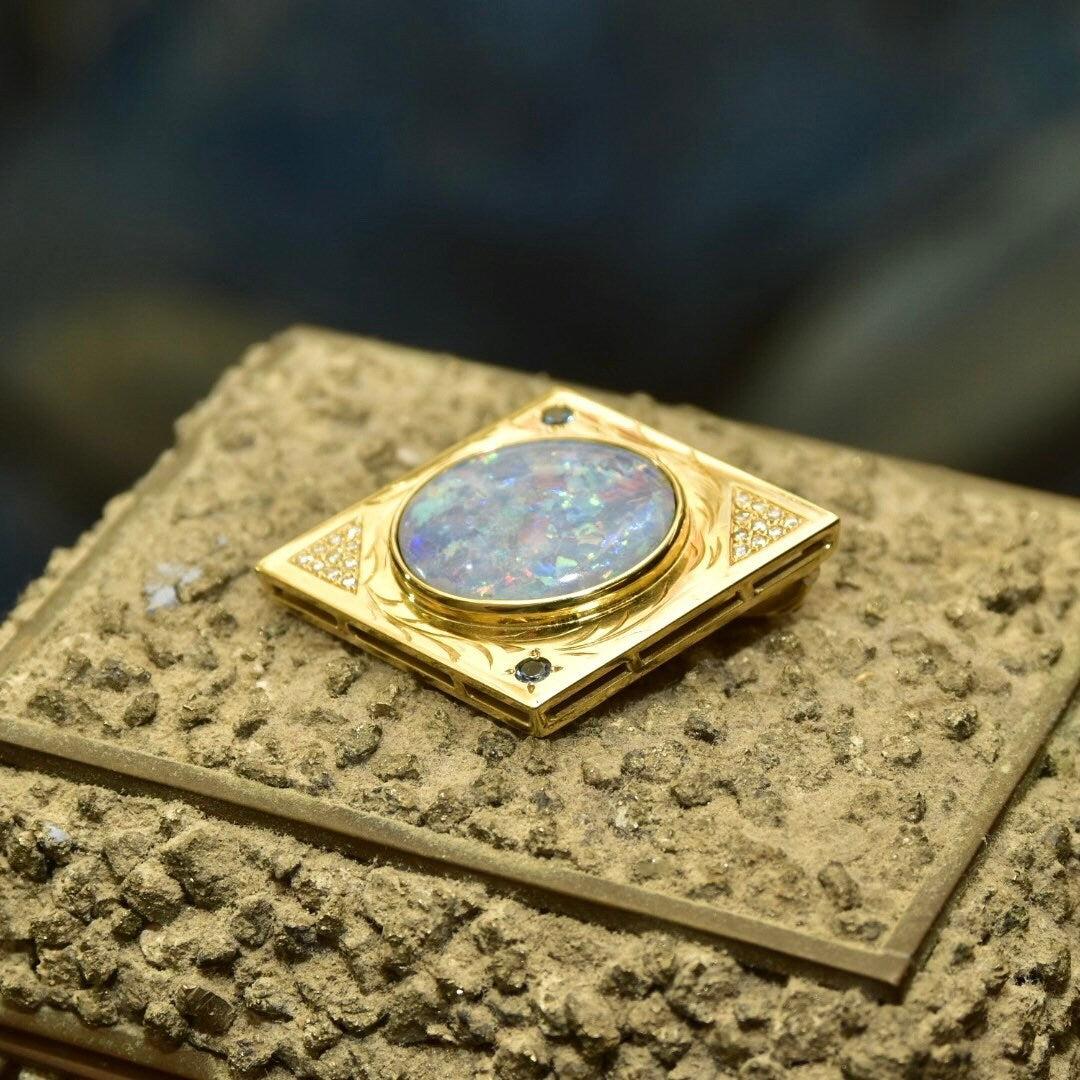 Vintage 18K Gold Mosaic Opal Diamond Cluster Blue Gemstone Pendant, 20 Diamond Accents, Large Solid 750 Blue Opal Triplet Pendant, 2" L