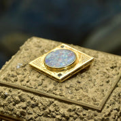 Vintage 18K Gold Mosaic Opal Diamond Cluster Blue Gemstone Pendant, 20 Diamond Accents, Large Solid 750 Blue Opal Triplet Pendant, 2" L