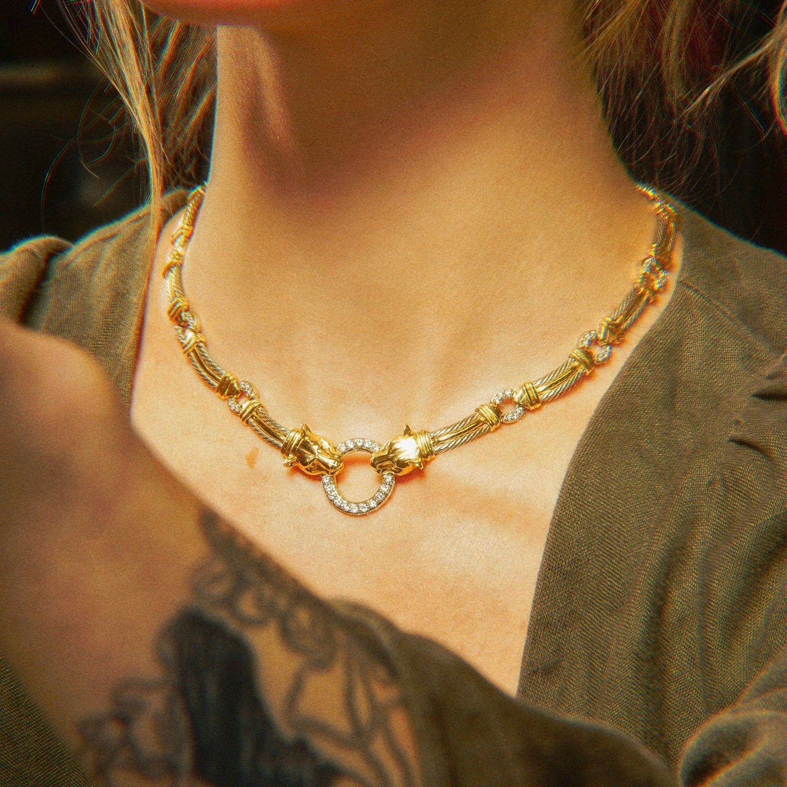 14K Diamond Panther Knocker Collar Necklace, Diamond Encrusted Pendant & Chain, 1.56 TCW, Solid 585 Gold, 16 1/4" L