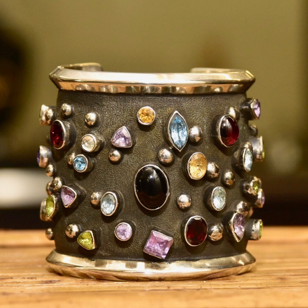 Vintage Chimney Butte Sterling Silver 'Rocks & Stars' Cuff Bracelet, Navajo Pearl Multi-Stone Cuff, Heavily Oxidized Solid Silver Cuff