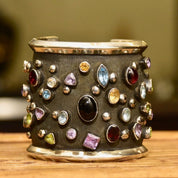 Vintage Chimney Butte Sterling Silver 'Rocks & Stars' Cuff Bracelet, Navajo Pearl Multi-Stone Cuff, Heavily Oxidized Solid Silver Cuff