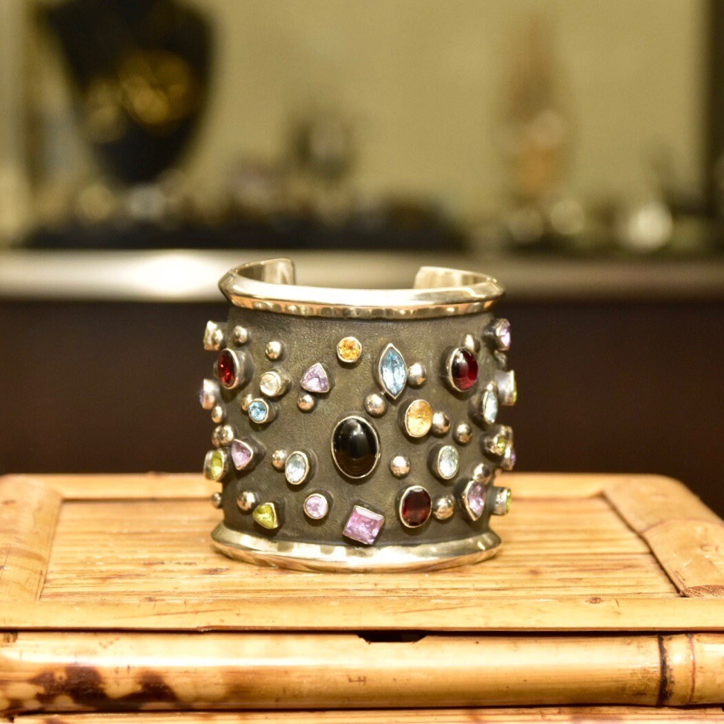 Vintage Chimney Butte Sterling Silver 'Rocks & Stars' Cuff Bracelet, Navajo Pearl Multi-Stone Cuff, Heavily Oxidized Solid Silver Cuff