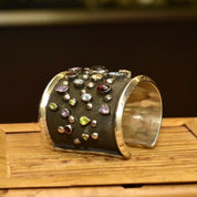 Vintage Chimney Butte Sterling Silver 'Rocks & Stars' Cuff Bracelet, Navajo Pearl Multi-Stone Cuff, Heavily Oxidized Solid Silver Cuff