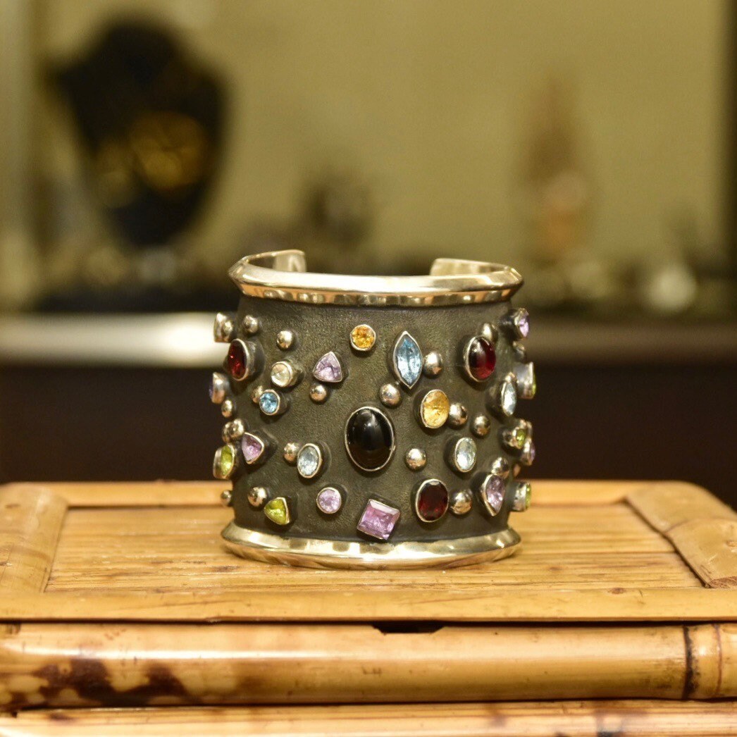 Vintage Chimney Butte Sterling Silver 'Rocks & Stars' Cuff Bracelet, Navajo Pearl Multi-Stone Cuff, Heavily Oxidized Solid Silver Cuff
