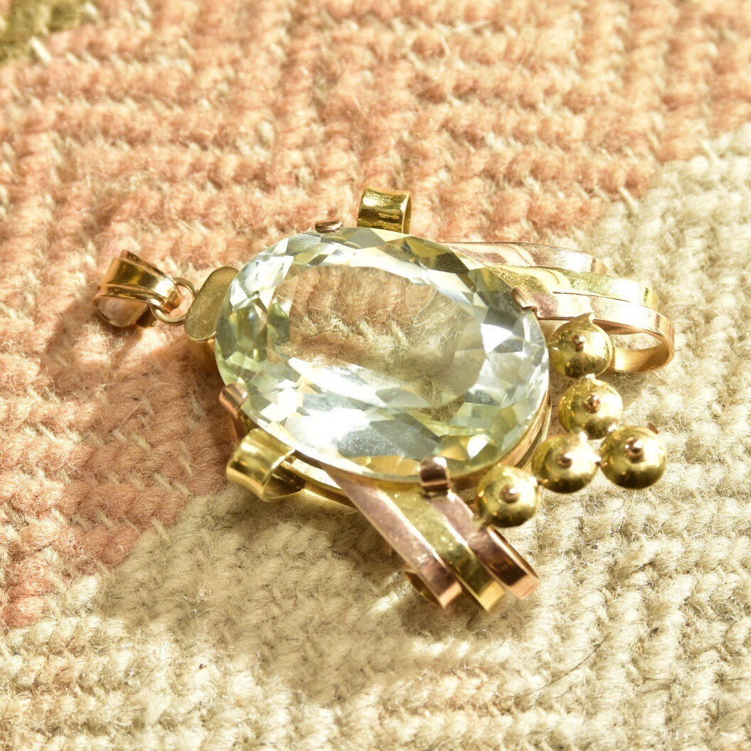Vintage 18K Yellow & Rose Gold Blue Topaz Pendant, Large Faceted Oval Gemstone, Two-Tone Gold Ribbon Setting, Mid-Century, Art Deco Style