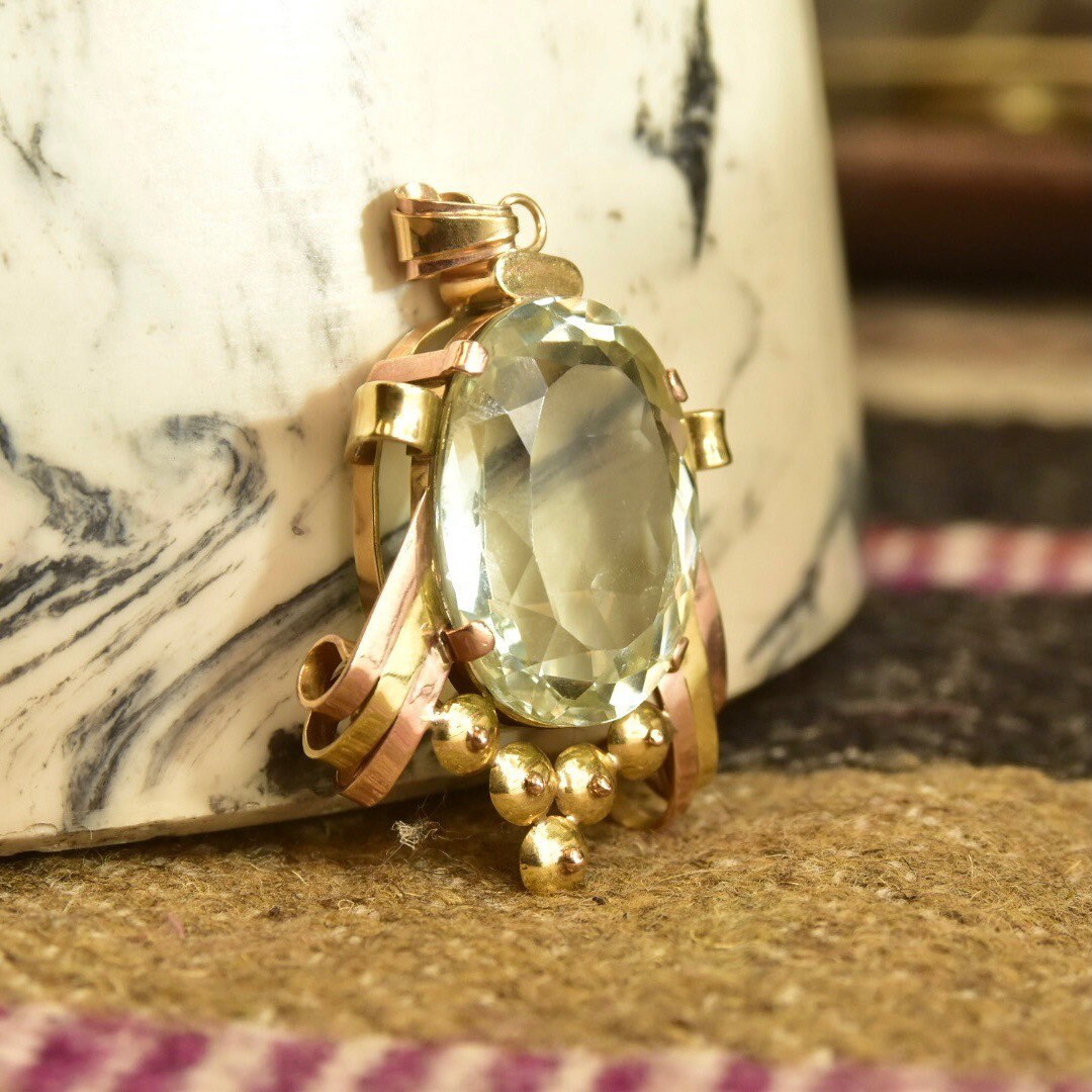 Vintage 18K Yellow & Rose Gold Blue Topaz Pendant, Large Faceted Oval Gemstone, Two-Tone Gold Ribbon Setting, Mid-Century, Art Deco Style