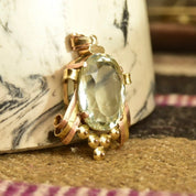 Vintage 18K Yellow & Rose Gold Blue Topaz Pendant, Large Faceted Oval Gemstone, Two-Tone Gold Ribbon Setting, Mid-Century, Art Deco Style