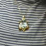 Vintage 18K Yellow & Rose Gold Blue Topaz Pendant, Large Faceted Oval Gemstone, Two-Tone Gold Ribbon Setting, Mid-Century, Art Deco Style