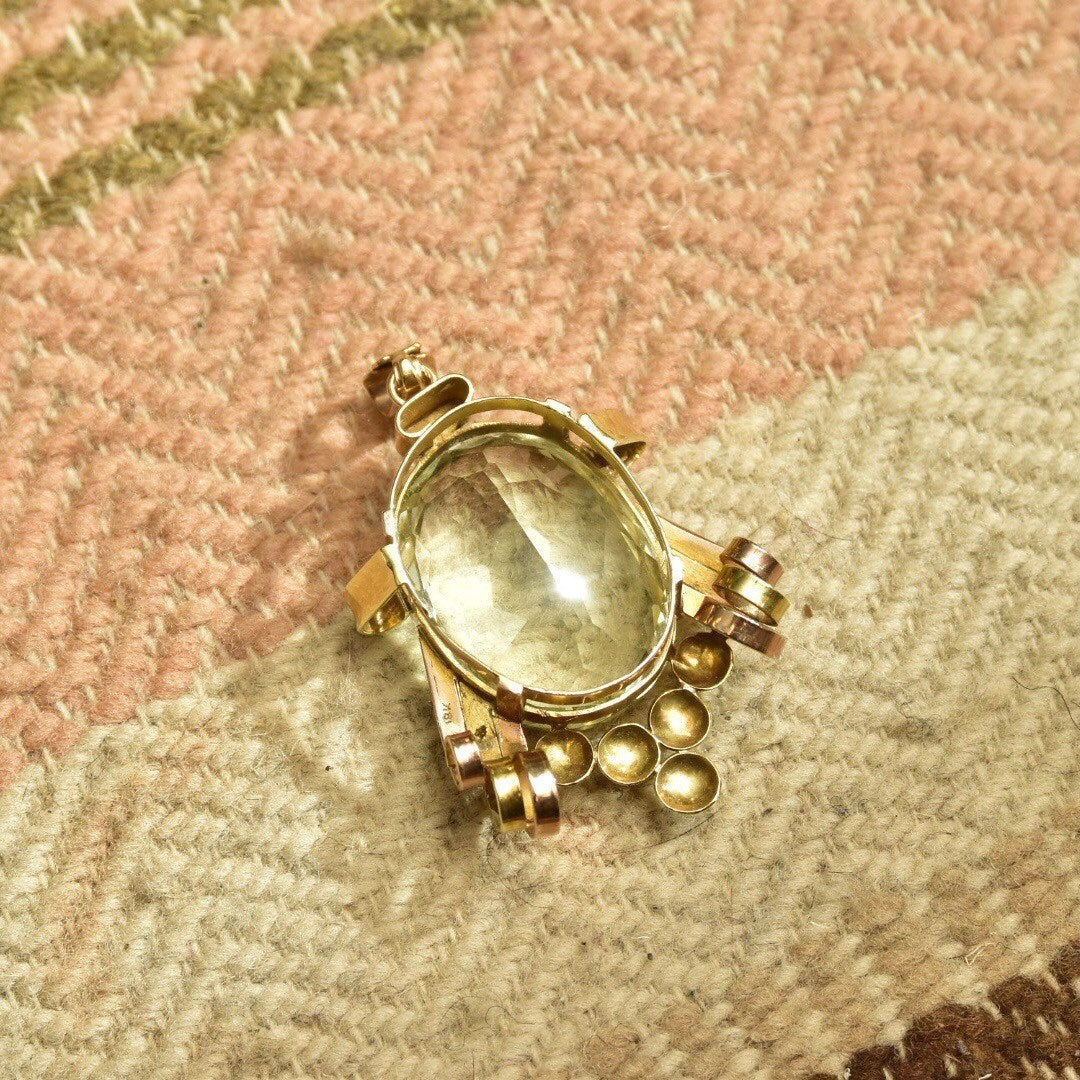 Vintage 18K Yellow & Rose Gold Blue Topaz Pendant, Large Faceted Oval Gemstone, Two-Tone Gold Ribbon Setting, Mid-Century, Art Deco Style