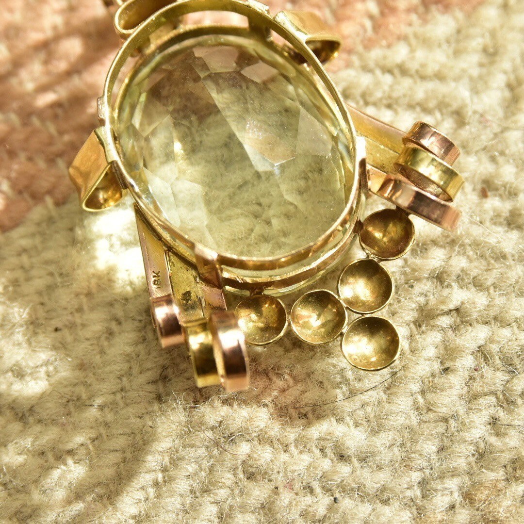 Vintage 18K Yellow & Rose Gold Blue Topaz Pendant, Large Faceted Oval Gemstone, Two-Tone Gold Ribbon Setting, Mid-Century, Art Deco Style