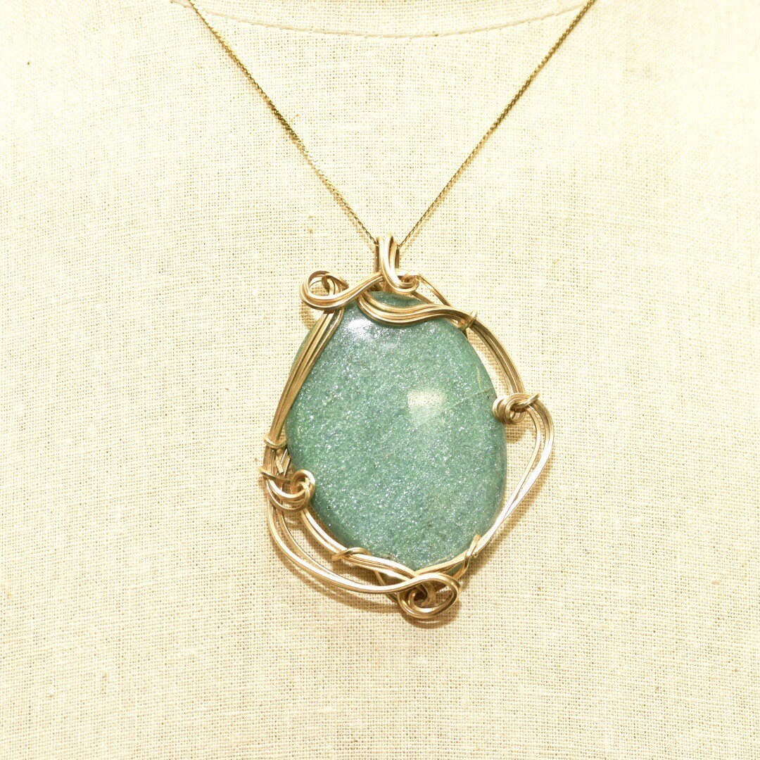 Vintage 10K Gold Plated Wire Wrapped Green Goldstone Pendant, Large Sparkly Gemstone, Yellow Gold, Abstract Modernist Bohemian, 2 5/8" L