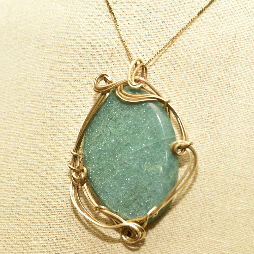 Vintage 10K Gold Plated Wire Wrapped Green Goldstone Pendant, Large Sparkly Gemstone, Yellow Gold, Abstract Modernist Bohemian, 2 5/8" L