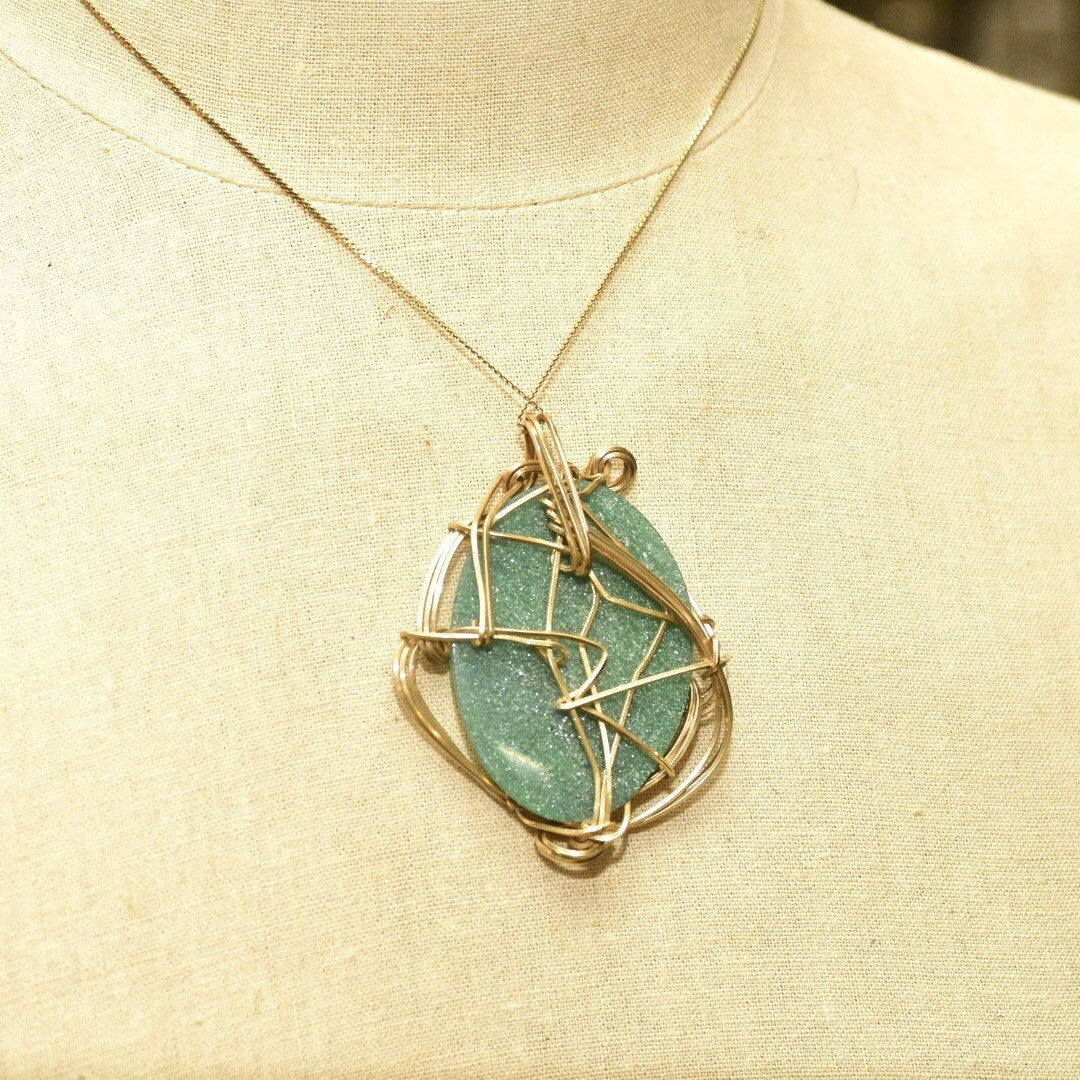 Vintage 10K Gold Plated Wire Wrapped Green Goldstone Pendant, Large Sparkly Gemstone, Yellow Gold, Abstract Modernist Bohemian, 2 5/8" L