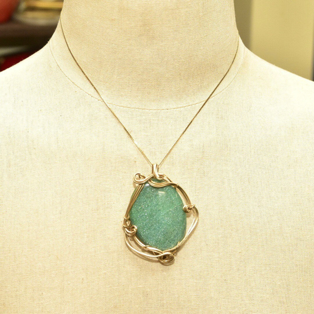 Vintage 10K Gold Plated Wire Wrapped Green Goldstone Pendant, Large Sparkly Gemstone, Yellow Gold, Abstract Modernist Bohemian, 2 5/8" L
