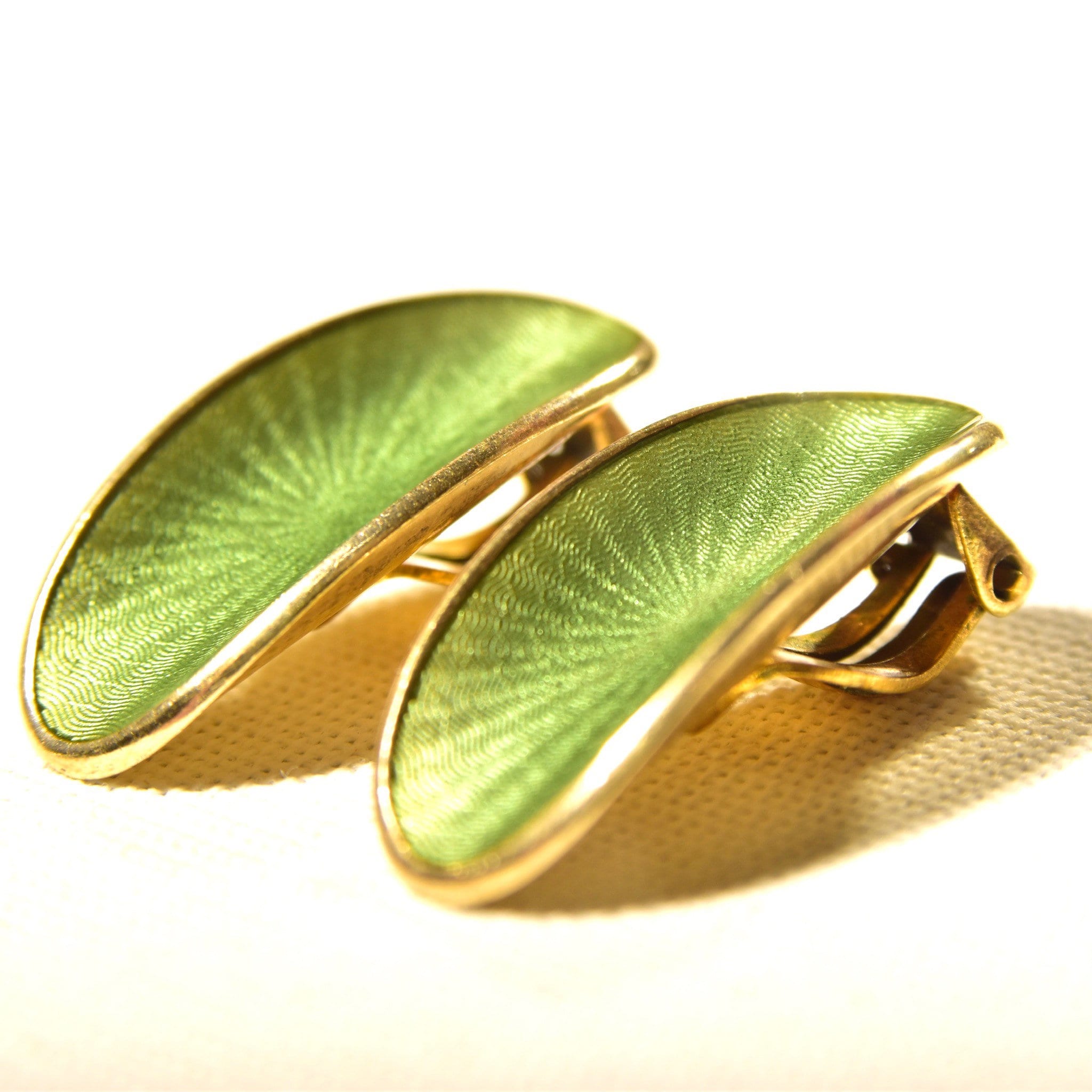 Vintage 1950's DA NORWAY S 925 Guilloche Enamel Clip On Earrings, Green Enamel & Gilt Silver, Concave Oval Shape, 26mm