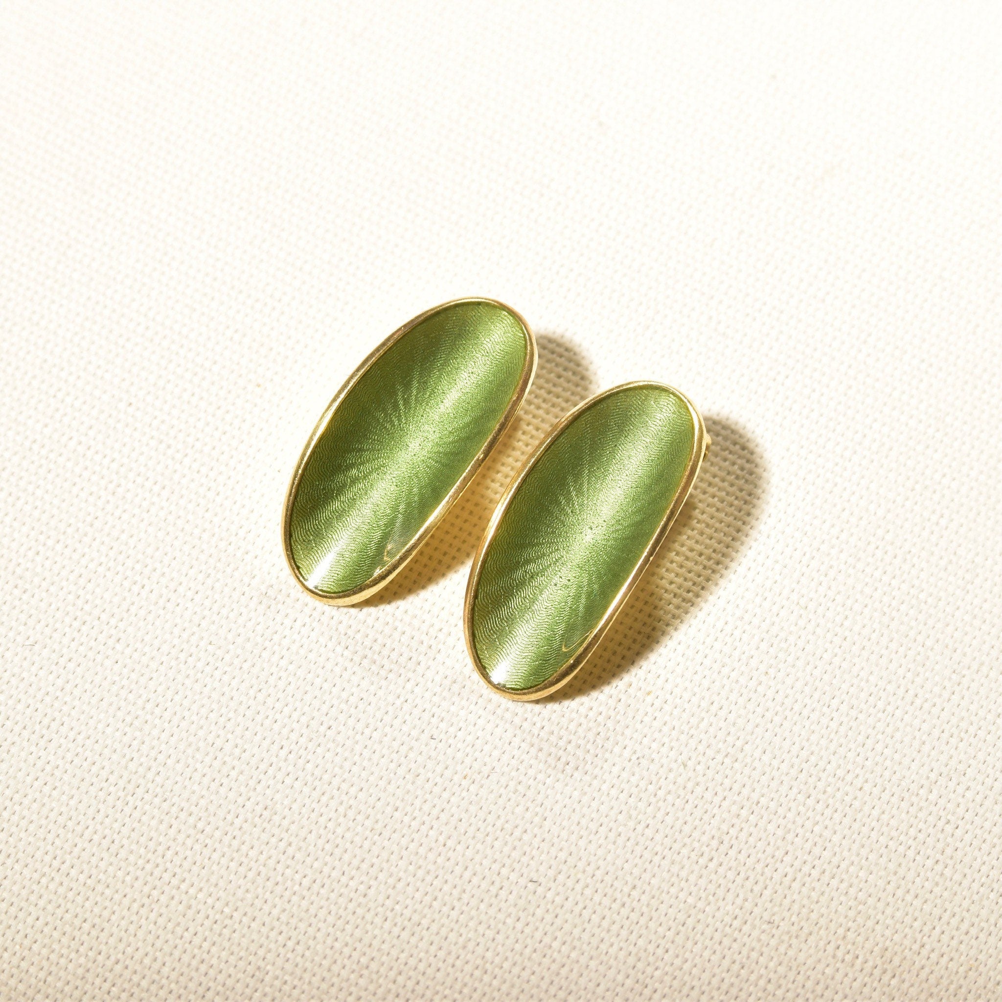 Vintage 1950's DA NORWAY S 925 Guilloche Enamel Clip On Earrings, Green Enamel & Gilt Silver, Concave Oval Shape, 26mm