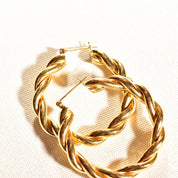 Gold Twist Hoops In 14K, Solid Yellow Gold Spiral Hoops, Chunky Statement Earrings, Vintage Jewelry, 40mm