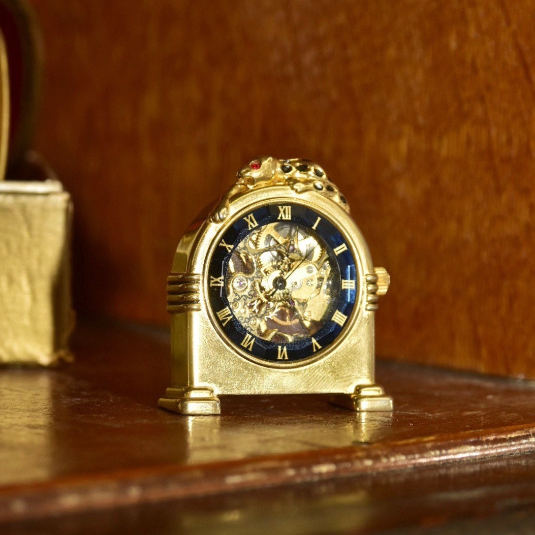 Vintage La Panther Miniature Brass Mantel Clock, Front & Back Exhibition Case, Spotted Leopard Decoration, Hand-Winding, Working Condition