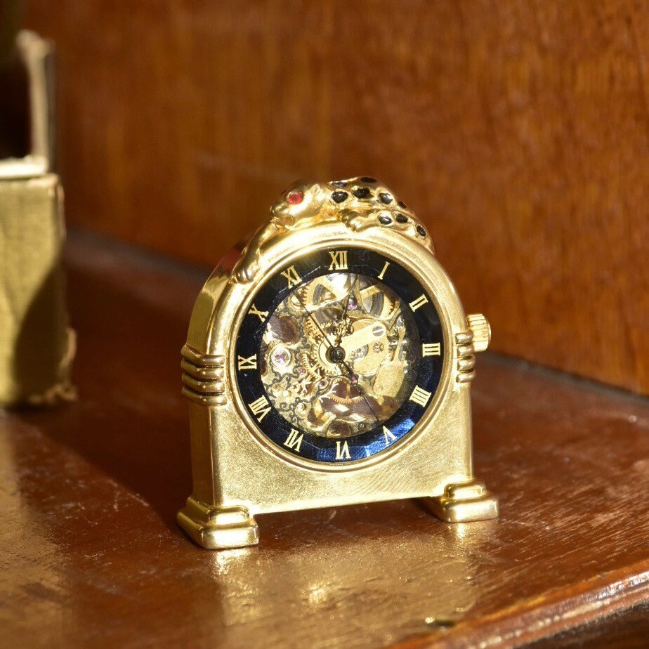 Vintage La Panther Miniature Brass Mantel Clock, Front & Back Exhibition Case, Spotted Leopard Decoration, Hand-Winding, Working Condition