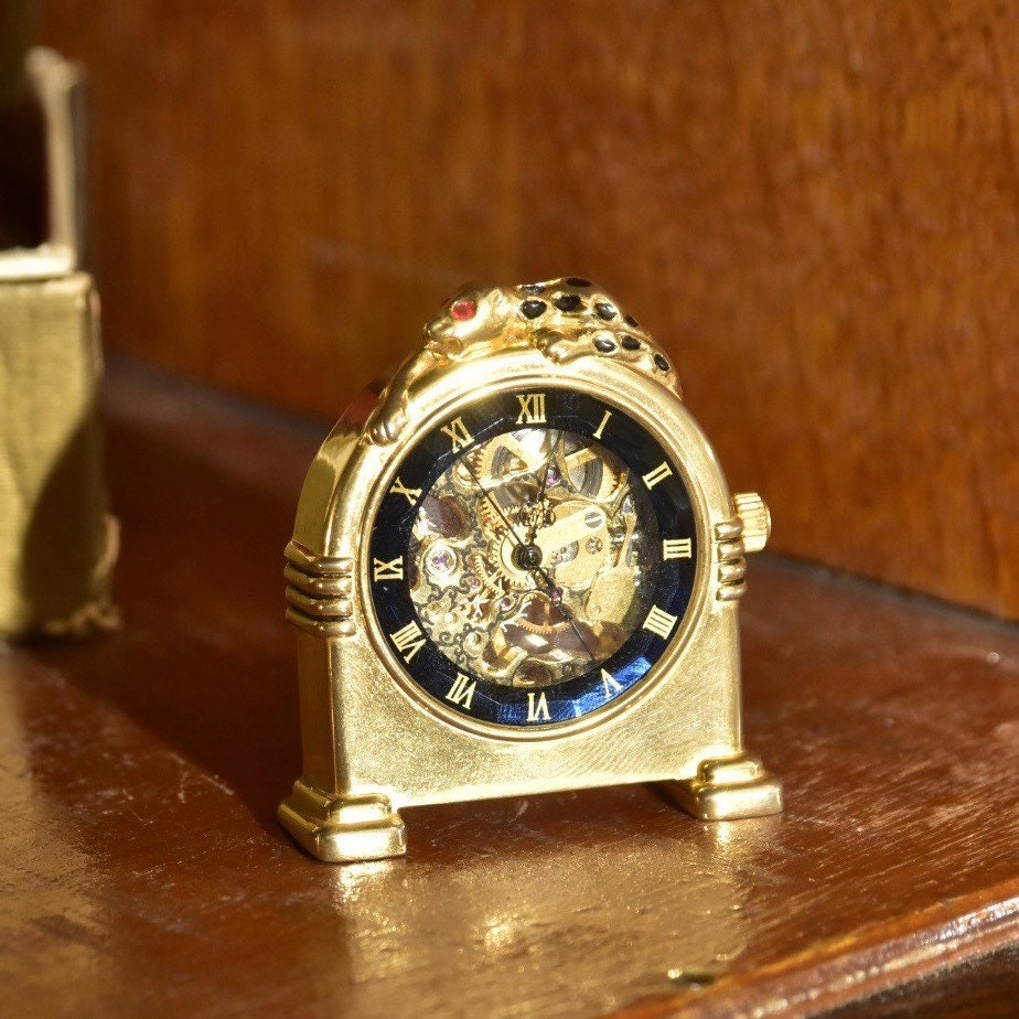 Vintage La Panther Miniature Brass Mantel Clock, Front & Back Exhibition Case, Spotted Leopard Decoration, Hand-Winding, Working Condition