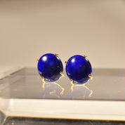 14K Lapis Lazuli Button Stud Earrings, Cobalt Blue Oval Cabochon Studs, Gemstone Jewelry, 12mm
