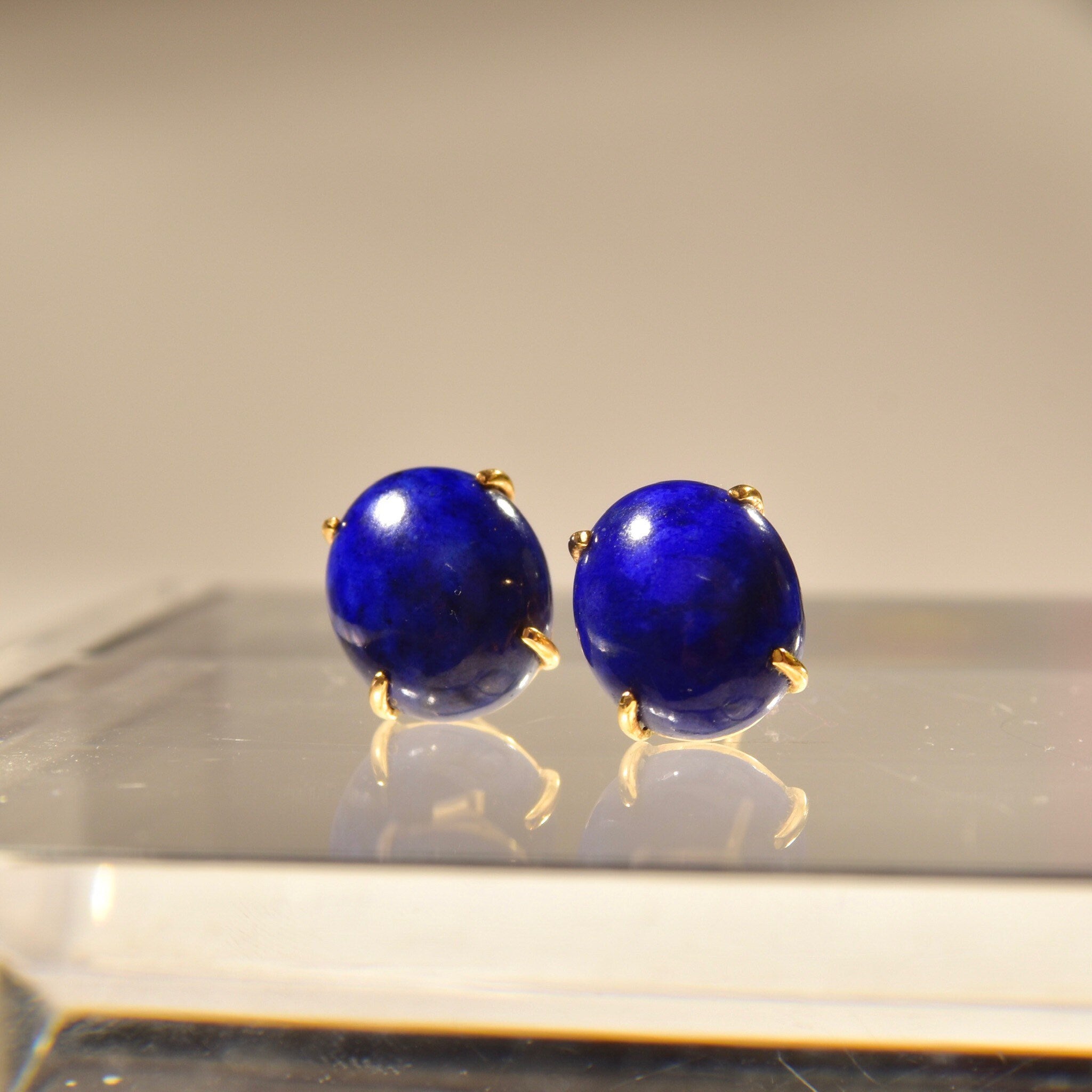 14K Lapis Lazuli Button Stud Earrings, Cobalt Blue Oval Cabochon Studs, Gemstone Jewelry, 12mm