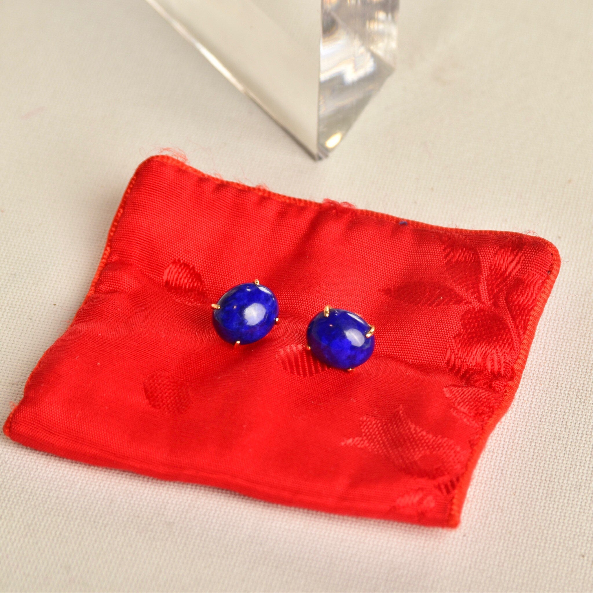 14K Lapis Lazuli Button Stud Earrings, Cobalt Blue Oval Cabochon Studs, Gemstone Jewelry, 12mm