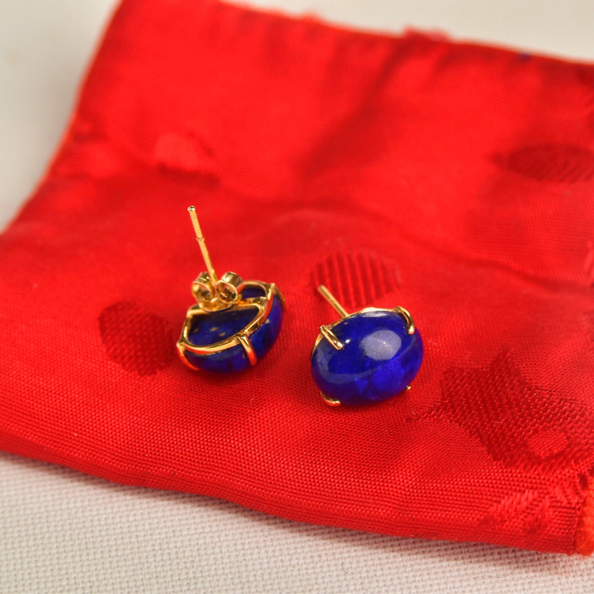 14K Lapis Lazuli Button Stud Earrings, Cobalt Blue Oval Cabochon Studs, Gemstone Jewelry, 12mm