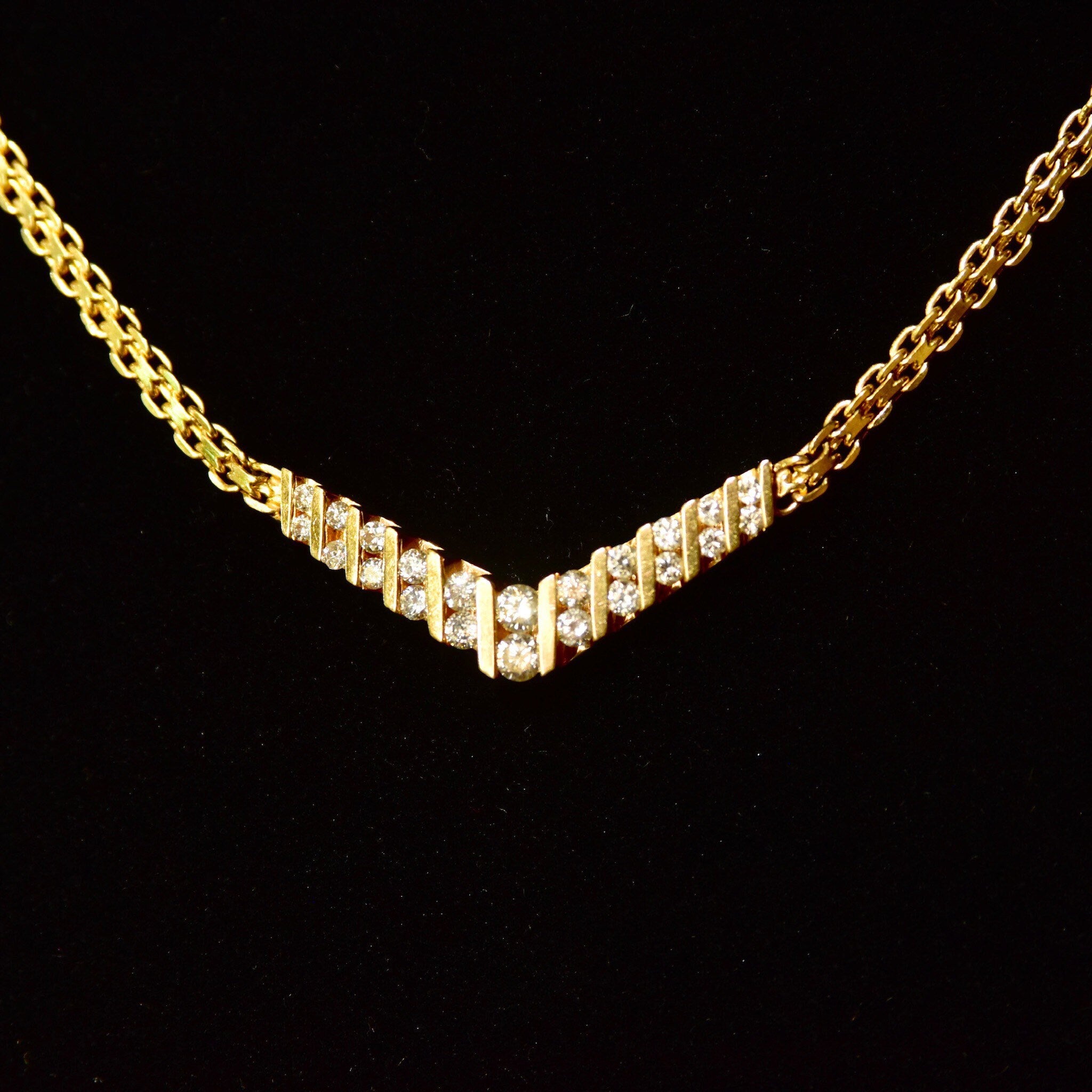 Diamond Chevron Necklace In 14K Yellow Gold, Channel Set Brilliant Diamond Pendant, Mesh Link Chain, 15 1/4" L