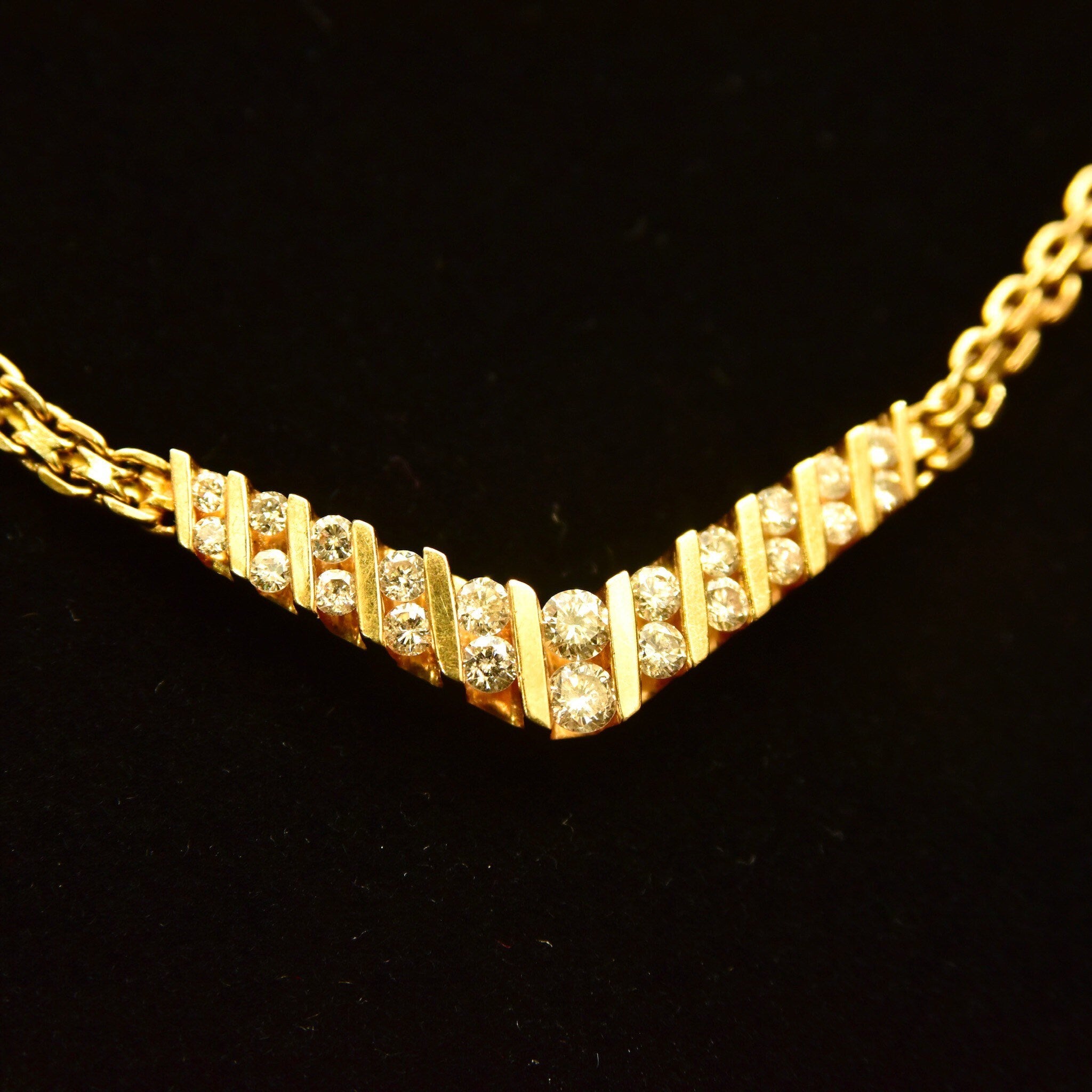 Diamond Chevron Necklace In 14K Yellow Gold, Channel Set Brilliant Diamond Pendant, Mesh Link Chain, 15 1/4" L