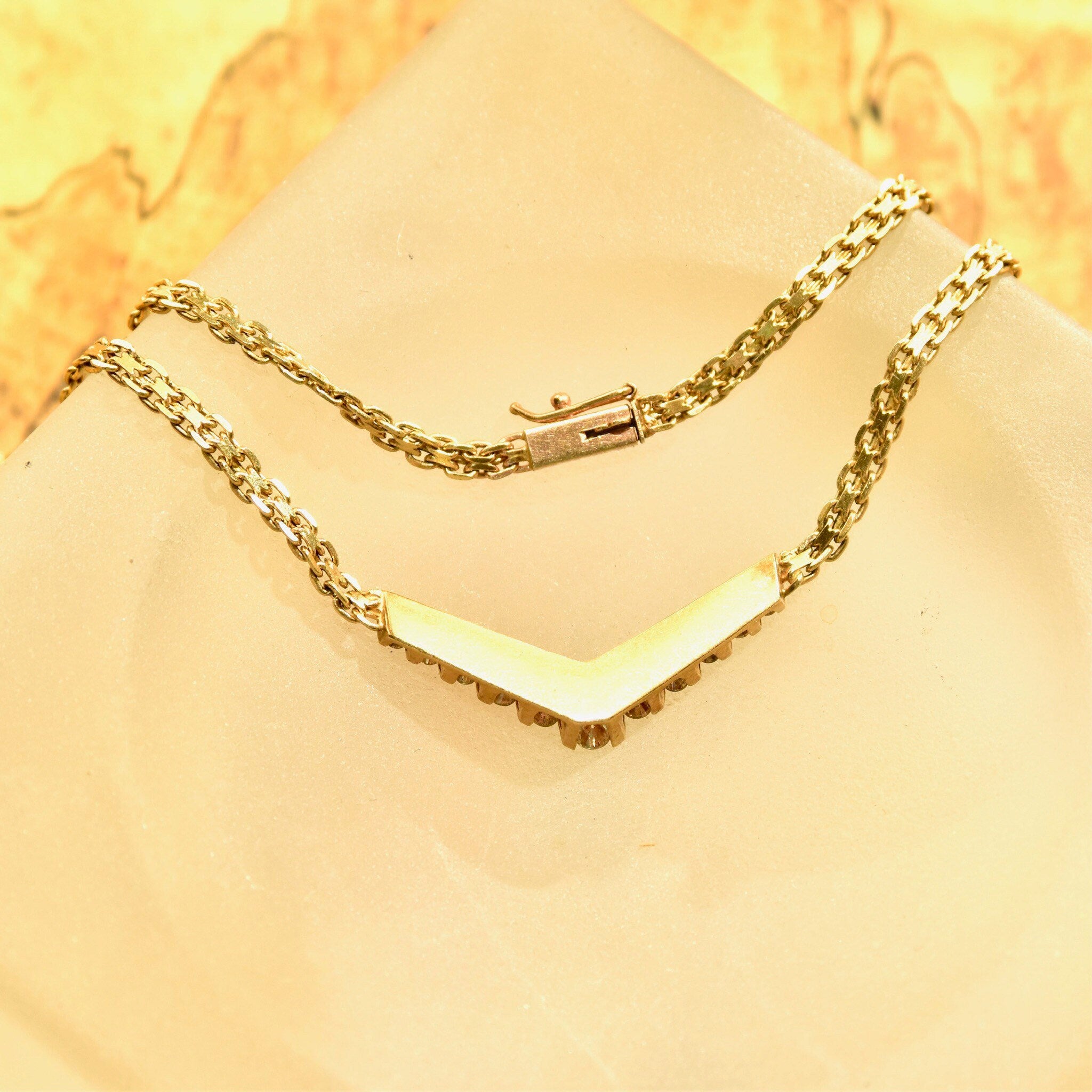 Diamond Chevron Necklace In 14K Yellow Gold, Channel Set Brilliant Diamond Pendant, Mesh Link Chain, 15 1/4" L