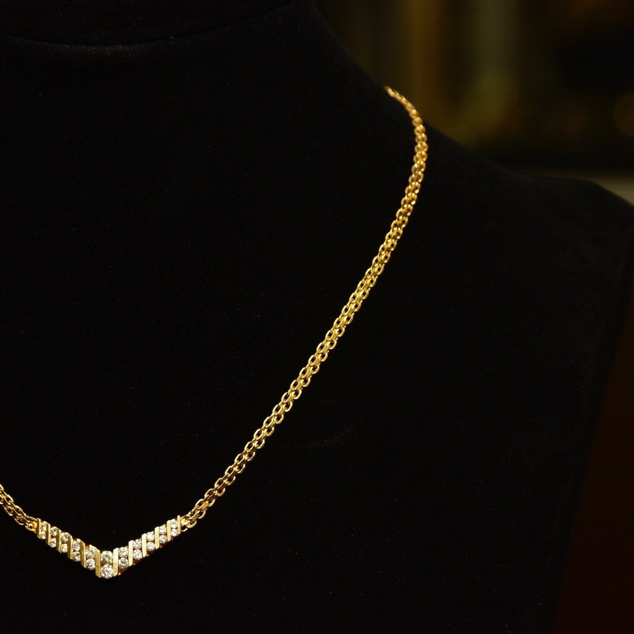 Diamond Chevron Necklace In 14K Yellow Gold, Channel Set Brilliant Diamond Pendant, Mesh Link Chain, 15 1/4" L