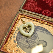 Vintage Chinese 14K Gold Jade Heart Pendant, Heart Shaped Chinese Symbol Love Pendant, Polished Nephrite Jade, Hinged Gold Bail, 1 1/2" L